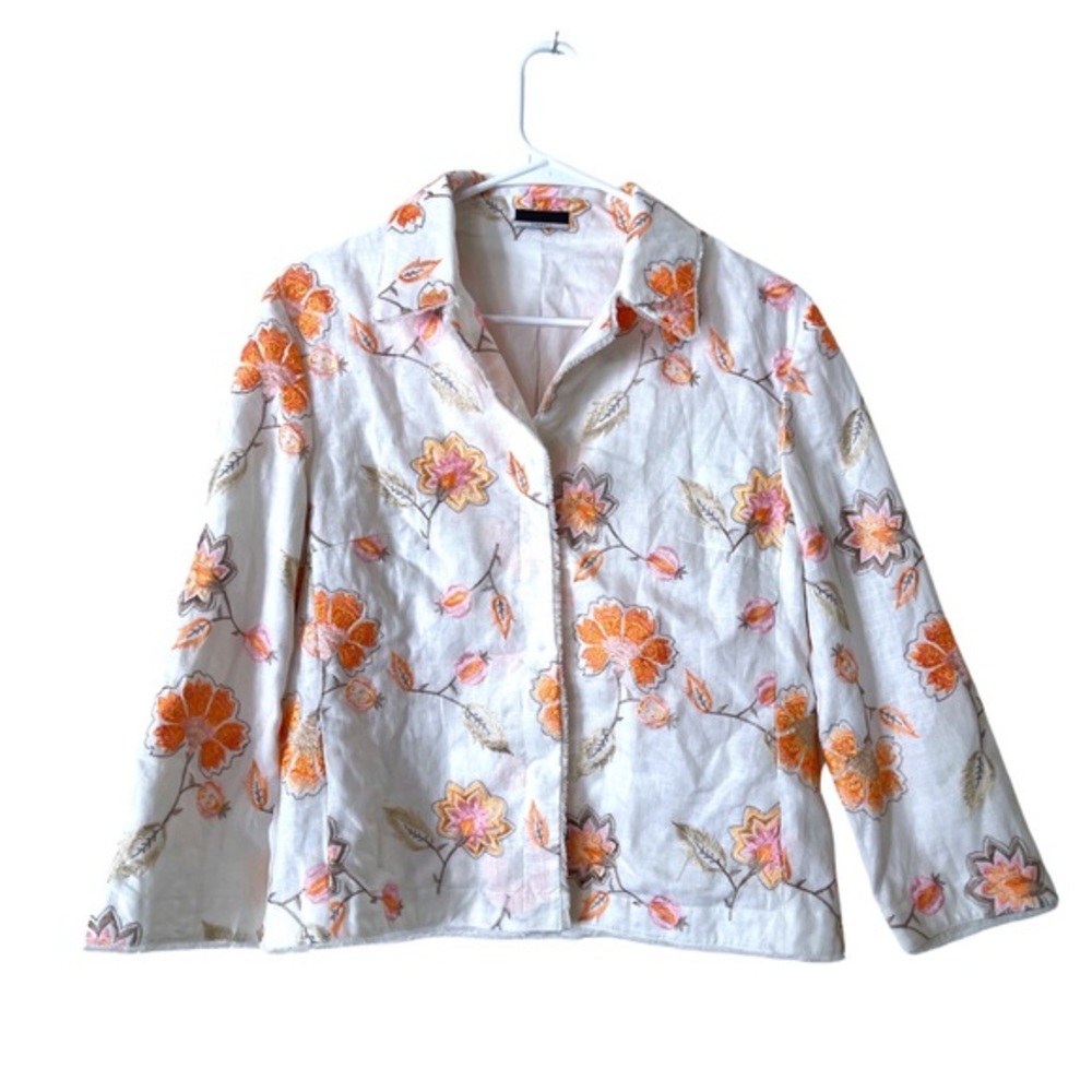 Orwell White Linen Jacket with Orange ‎ and Sage Botanical Floral Embroidery 8